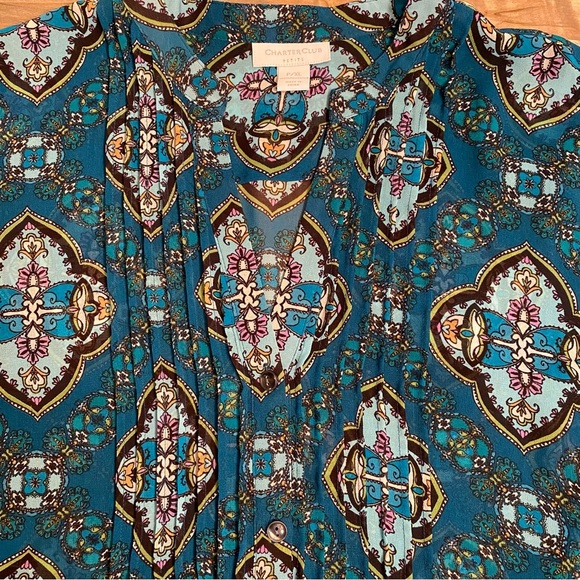 Charter Club XL-Petite Teal Paisley Blouse V-Neck Pin Tuck Pleats 3/4 sleeves - Picture 10 of 14